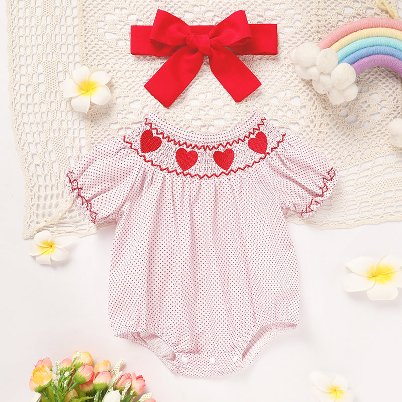 Newborn Baby Girls Valentine’s Day Smocked Romper – Short Sleeve Heart Embroidery Jumpsuit ❤️👶