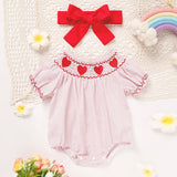 Newborn Baby Girls Valentine’s Day Smocked Romper – Short Sleeve Heart Embroidery Jumpsuit ❤️👶