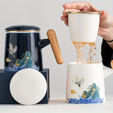 Crane-Patterned Ceramic Teacup with Lid & Filter – Perfect Gift - PulinGO