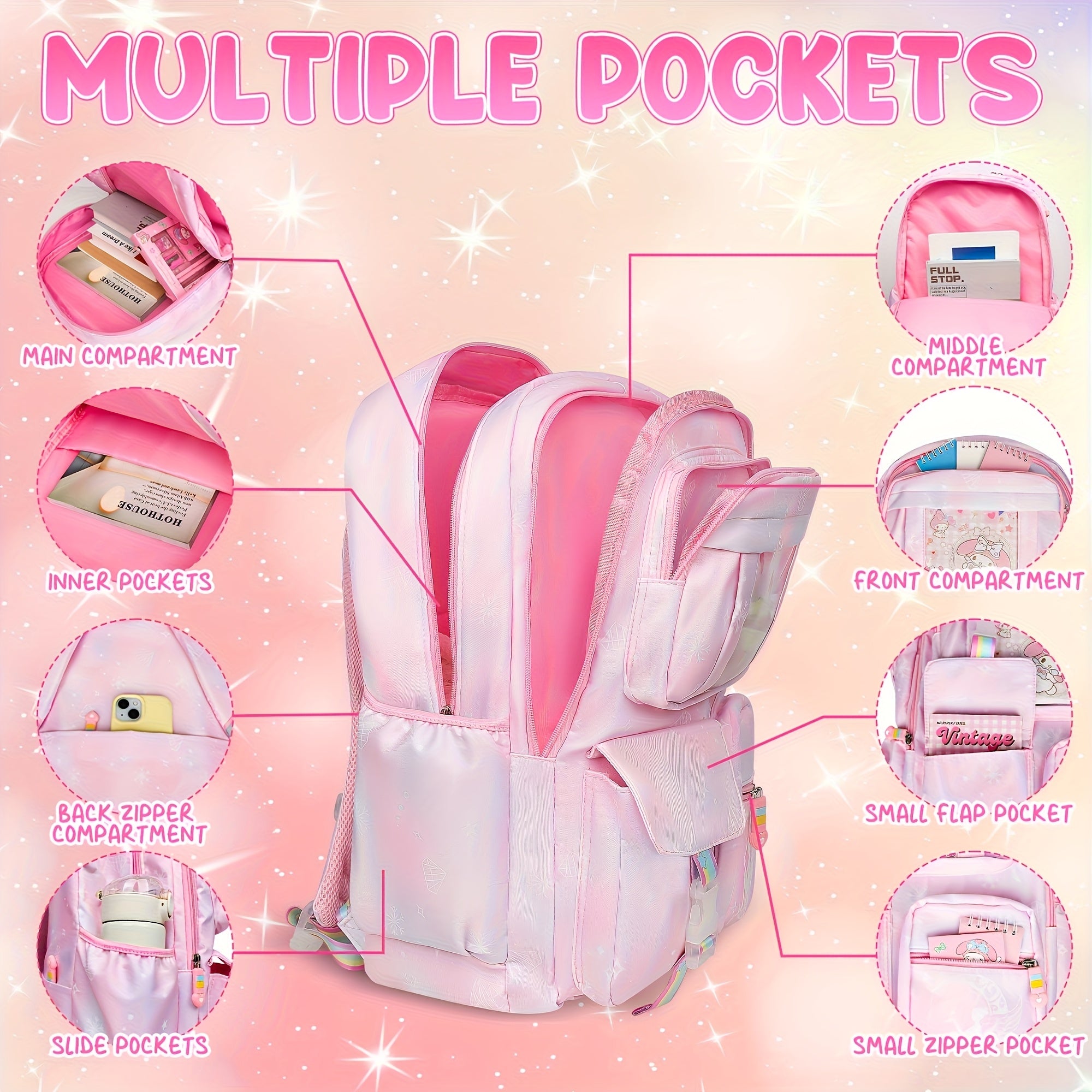 Sanrio Pink Melody Backpack Set – Includes Backpack, Badges & Stationery, Lightweight Kids School Bookbag