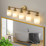 Modern 5-Light Gold Vanity Light with Frosted Glass Shades