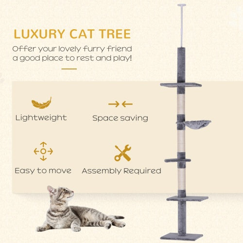 9-Foot Adjustable Height Floor-to-Ceiling Cat Tree – Multi-Level Climbing Tower with Scratching Posts & Perches