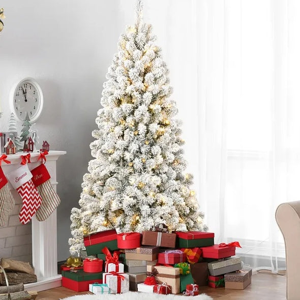 5 Ft Pre-Lit Flocked Artificial Christmas Tree – Fire-Resistant PVC, Hinged Design, Realistic Flocked Tips, Easy Assembly
