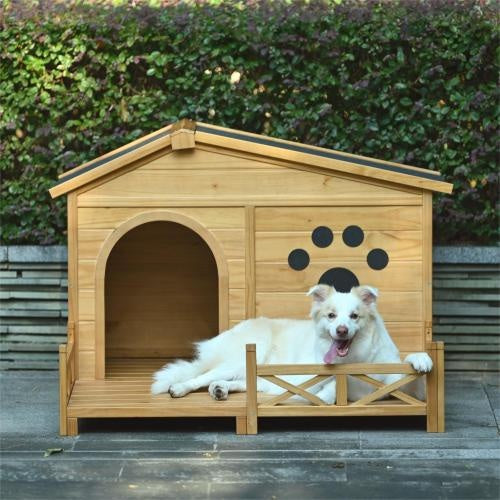 48" Wooden Dog House with Porch – Outdoor/Indoor Kennel with Water-Resistant Asphalt Roof, Fencing & Paw Print Design