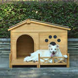 48" Wooden Dog House with Porch – Outdoor/Indoor Kennel with Water-Resistant Asphalt Roof, Fencing & Paw Print Design