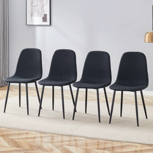 Luxury Simple Chair – Set of 4, Black Linen-Cotton Upholstered with Black Metal Legs