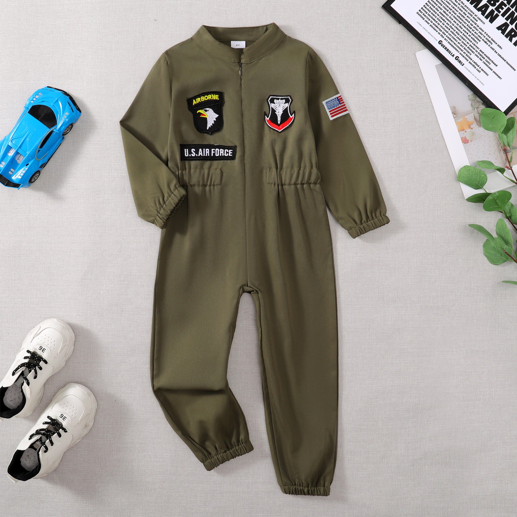Toddler Boys Pilot Jumpsuit – Army Green Long Sleeve Romper for Birthday Parties & Playtime
