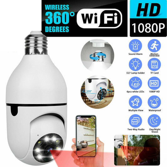 360° Light Bulb Security Camera - 1080P WiFi Camera with Easy E27 Socket Installation