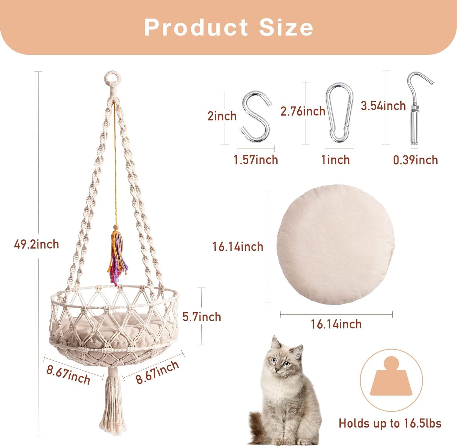 Mewoofun Boho Macrame Cat Swing – Handwoven Hanging Bed with Soft Mat & Toy, Decorative Hammock for Indoor Cats