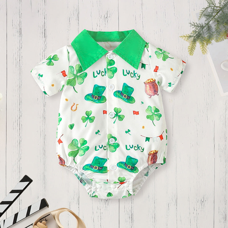 Newborn Baby Boy St. Patrick’s Day Outfit ☘️ Clover Print Romper & Suspenders Pants Set (119 karakter ✅)