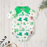 Newborn Baby Boy St. Patrick’s Day Outfit ☘️ Clover Print Romper & Suspenders Pants Set (119 karakter ✅)
