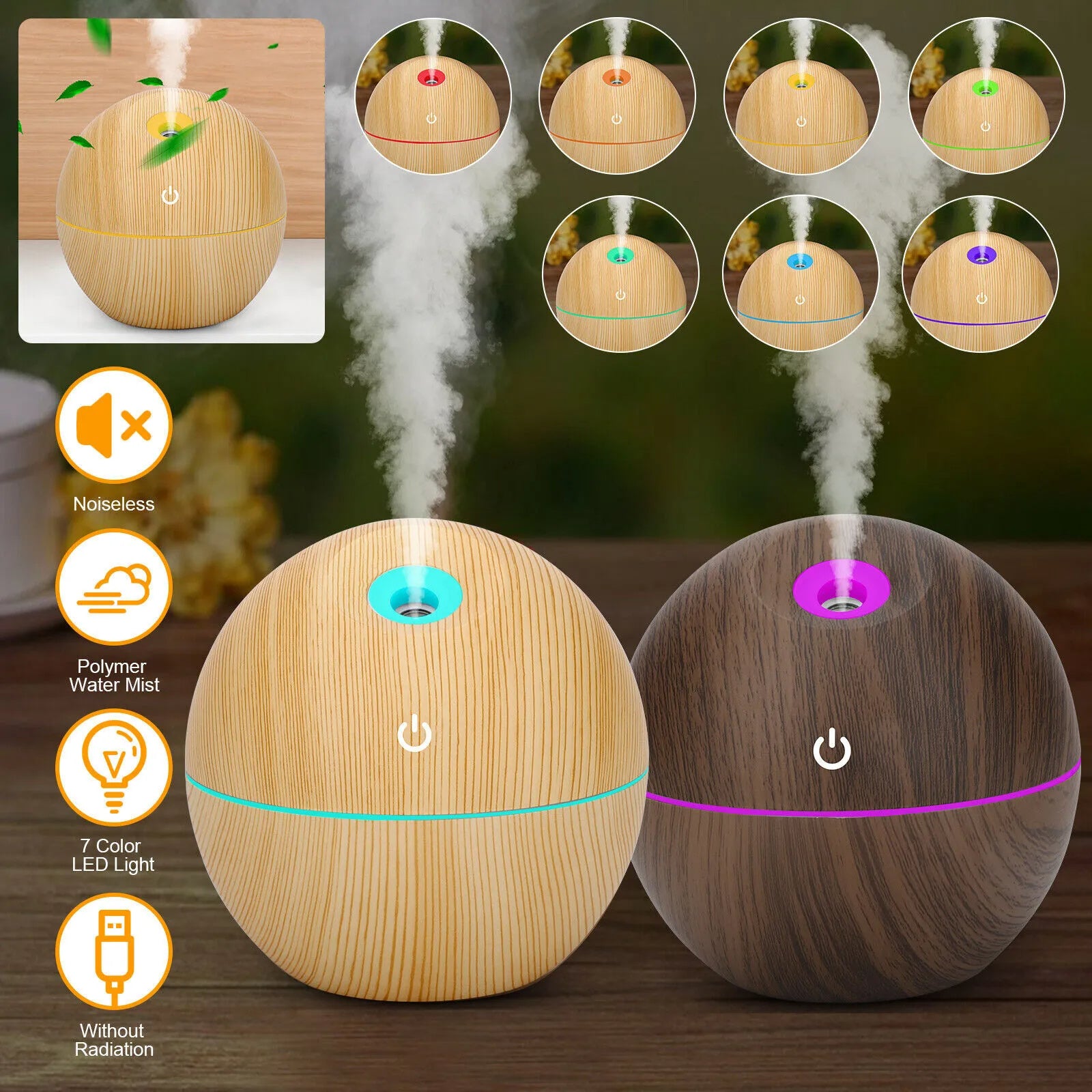 USB Aroma Humidifier Essential Oil Diffuser – Ultrasonic Cool Mist with 7-Color Changing LED Light, Wood Finish, 130ml