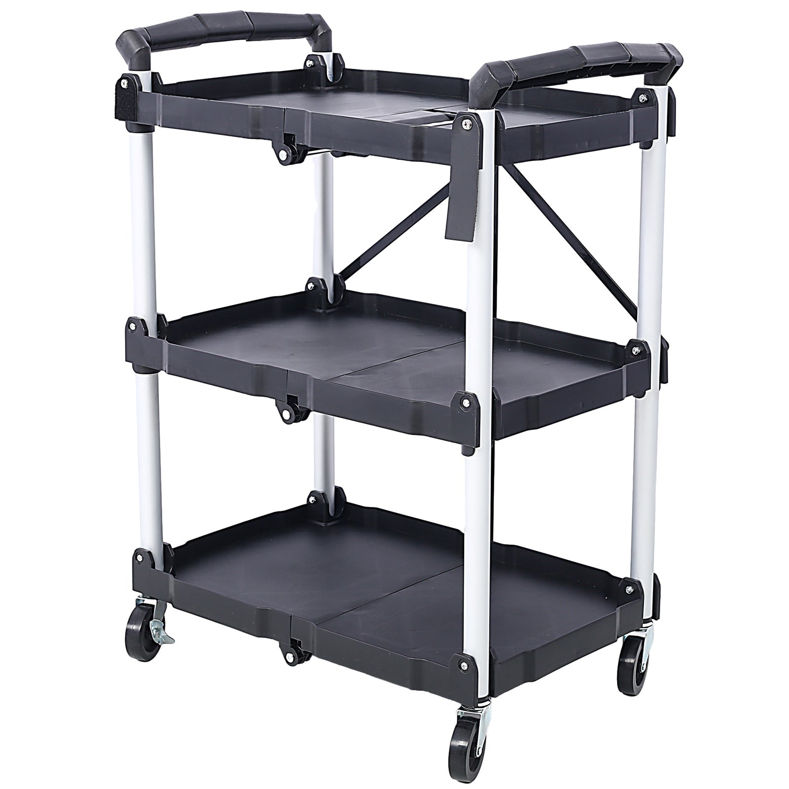 Folding Service Cart – Iron Frame & Plastic Shelves, Collapsible Utility Cart with Wheels