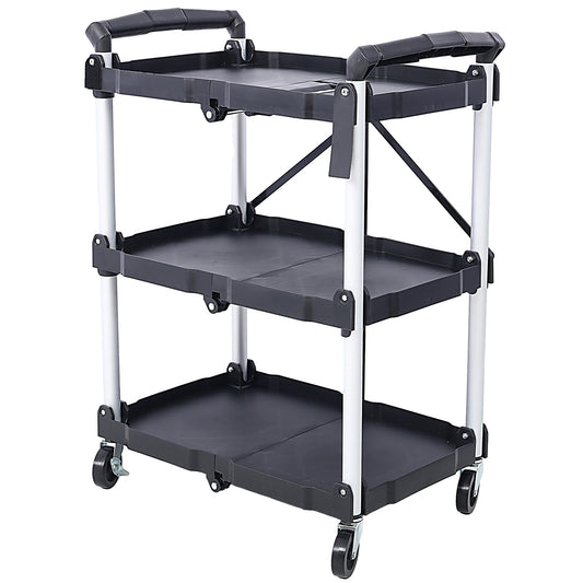 Folding Service Cart – Iron Frame & Plastic Shelves, Collapsible Utility Cart with Wheels