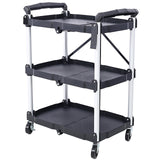 Folding Service Cart – Iron Frame & Plastic Shelves, Collapsible Utility Cart with Wheels