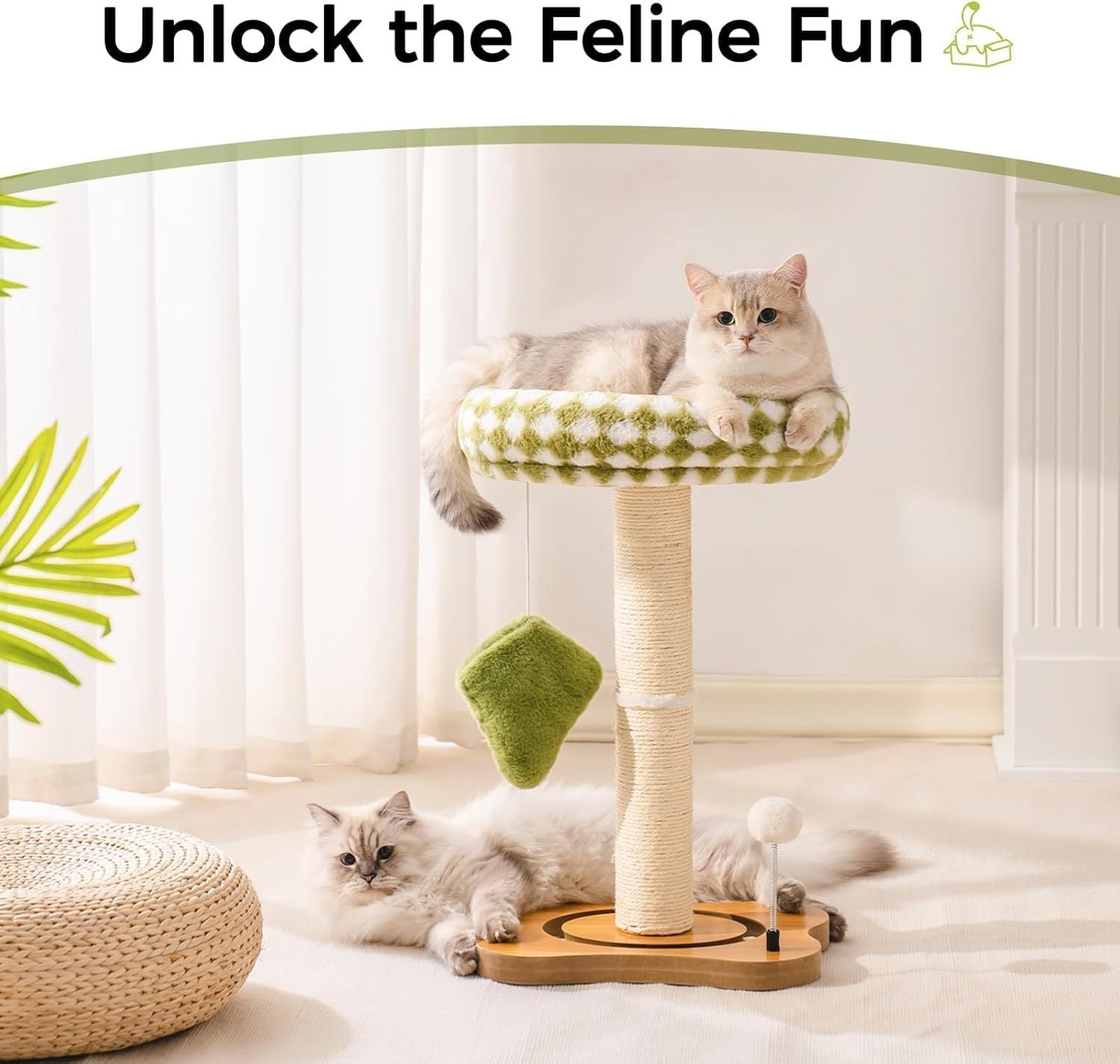 Mewoo Cat Scratching Post Bed – 2-in-1 Small Cat Tower with Sisal Scratcher & Ball Track Toys, Green