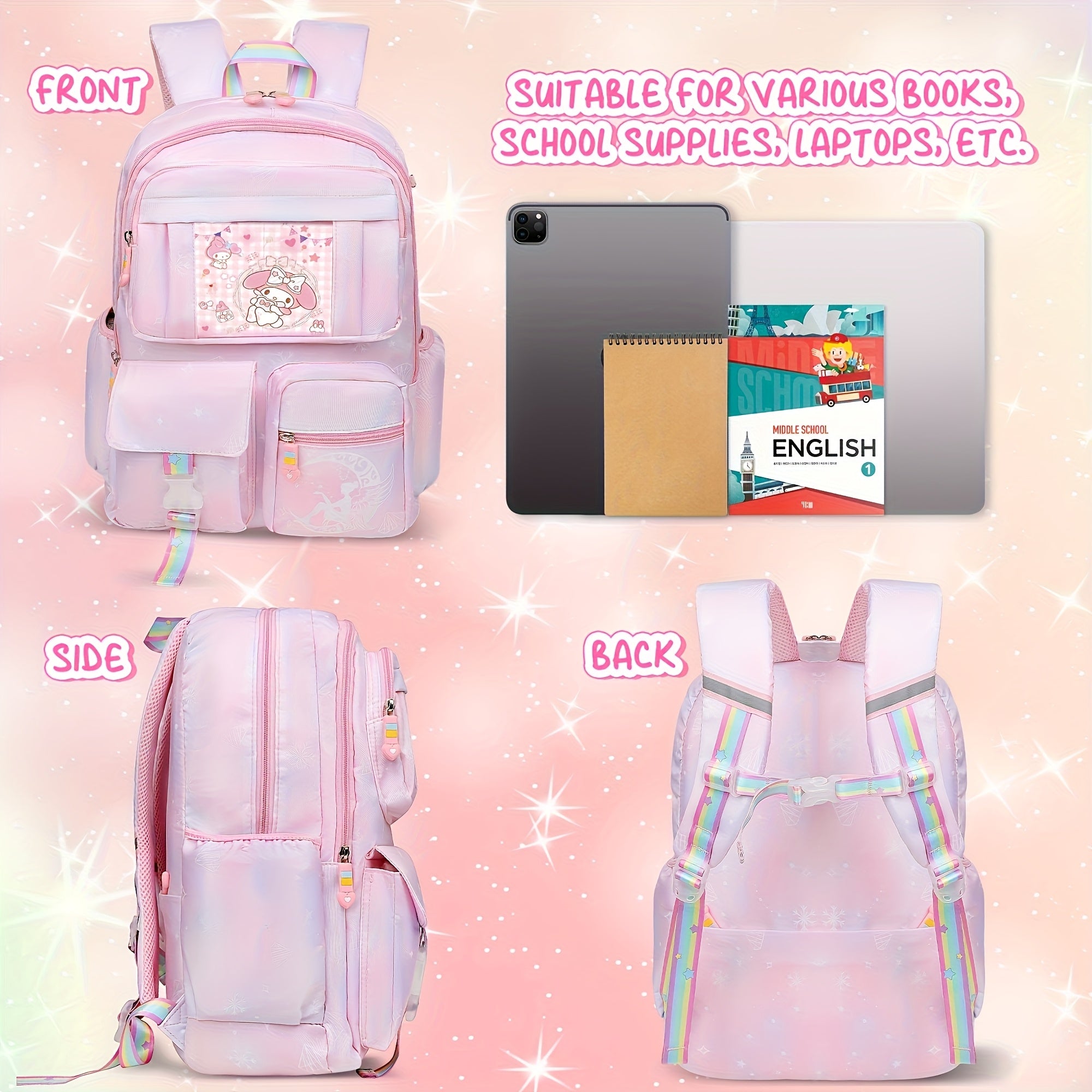 Sanrio Pink Melody Backpack Set – Includes Backpack, Badges & Stationery, Lightweight Kids School Bookbag