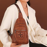 Women’s Sling Bag 🎒 Multi-Pocket Crossbody Purse – Vegan Retro Leather Braided Backpack for Travel