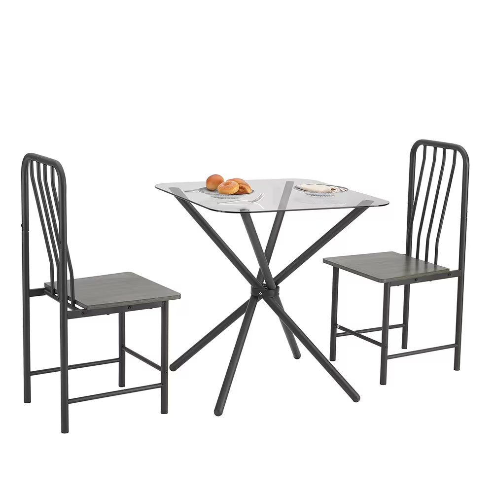 3-Piece Modern Bistro Set for 2 - Square Glass Dining Table with 2 Chairs