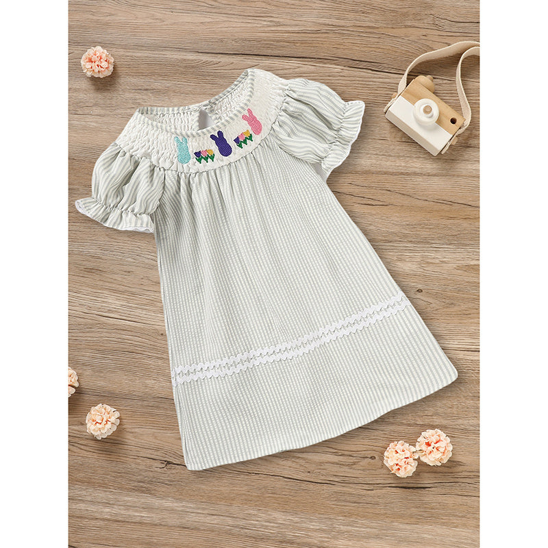 Infant Baby Girls Easter Bunny Smocked Dress – Embroidered Short Sleeve Summer Outfit