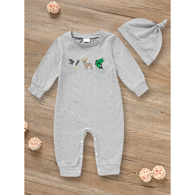 2Pcs Newborn Baby Boy Outfit – Long Sleeve Animal Print Romper with Matching Hat (Fall/Winter Set)