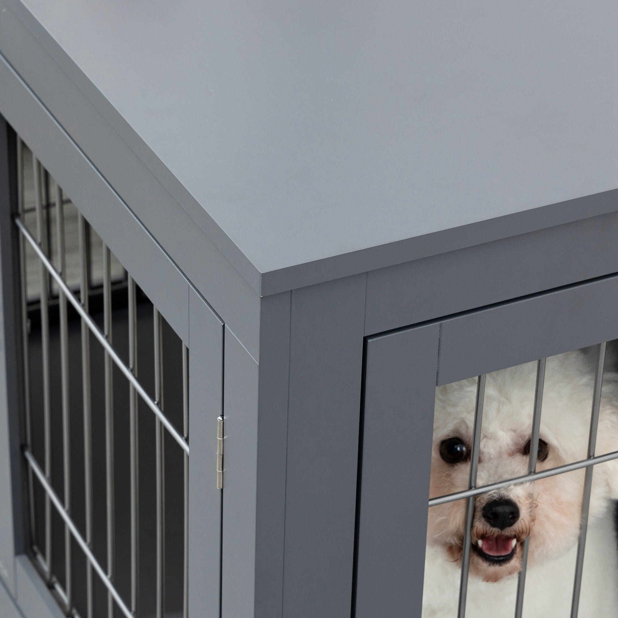 Dog Cage Furniture – Grey Metal Indoor Pet Crate with Double Doors, Secure Locks & End Table Design for Small & Medium Dogs