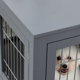 Dog Cage Furniture – Grey Metal Indoor Pet Crate with Double Doors, Secure Locks & End Table Design for Small & Medium Dogs