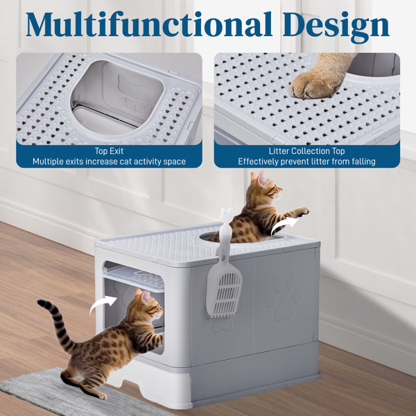 51 × 40 × 38 cm PP Plastic Litter Box – Spliced Bottom Pull-Out Square Grey with Scoop