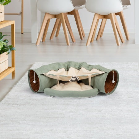 Cat Telescopic Tunnel Cushioned Bed – Foldable Play Tunnel with Zipper-Connected Nest & Teasing Balls