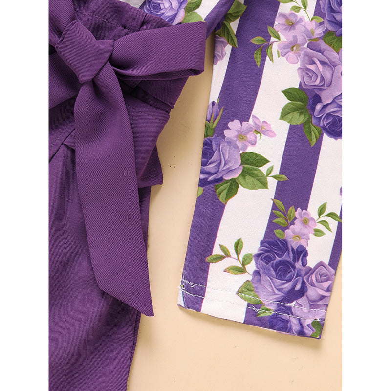 Toddler Girl Purple Rose Print Outfit – Stripe Top with Belted Skirt Set, Cute Holiday & Going Out Clothes for Spring and Fall