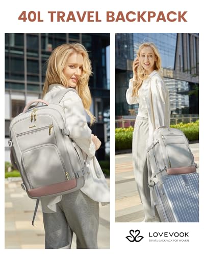 LOVEVOOK 40L Carry-On Travel Backpack for Women with Packing Cubes & Wet Pocket – TSA Approved – Pink Grey