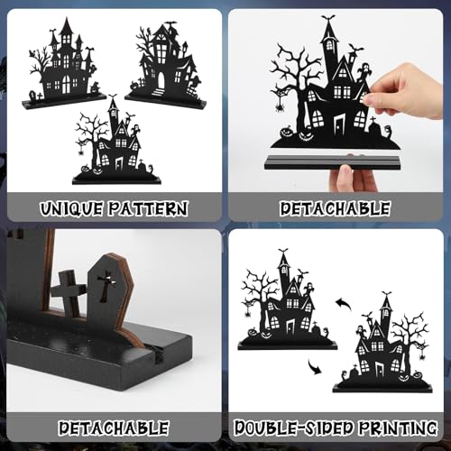 Haunted House Wooden Table Decor – 3Pcs Tiered Tray Halloween Centerpieces with Double-Sided Design (Black, Vintage Style)