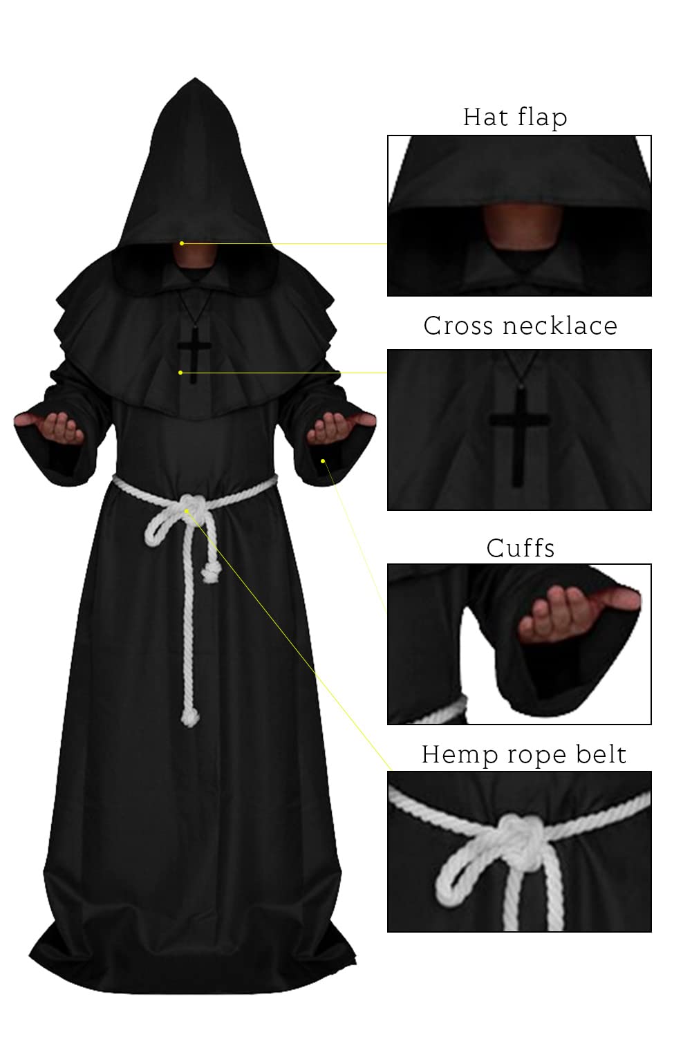 Black Medieval Monk Robe – Hooded Cloak with Rope Belt & Cross Necklace for Halloween & Cosplay ✝️🖤