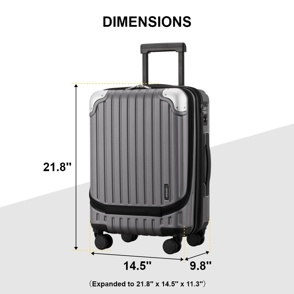 LEVEL8 Grace 20” Expandable Carry-On Luggage with Front Laptop Compartment, Hard Shell Spinner Suitcase with TSA Lock (Grey)
