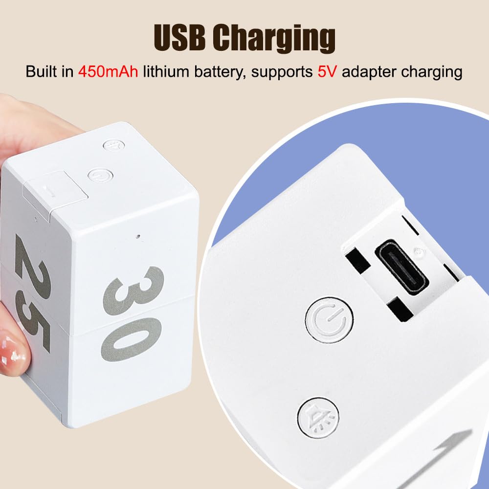 Pomodoro Timer Cube with Gravity Sensor, 10 Preset Flip Timers, Adjustable Volume & USB-C Rechargeable Design for Work, Study & Kitchen – White
