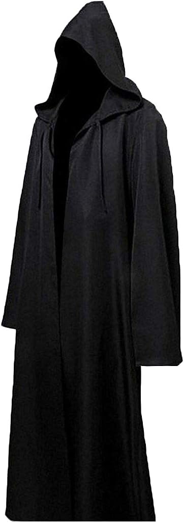Men’s Hooded Tunic Robe – Black Medieval Cloak Halloween Cosplay Costume with Cape