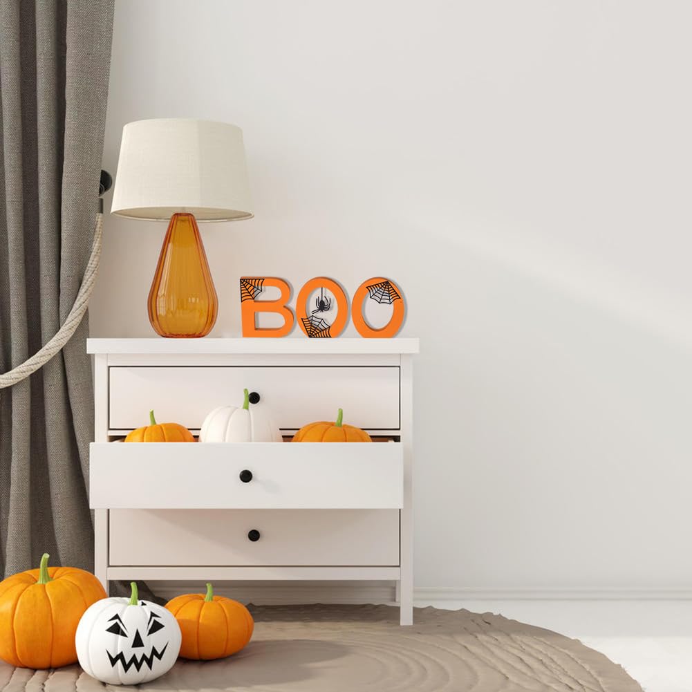 BOO Halloween Wooden Sign – Double-Sided Tabletop Decor with Metal Spiderwebs & Pumpkin Orange Letters