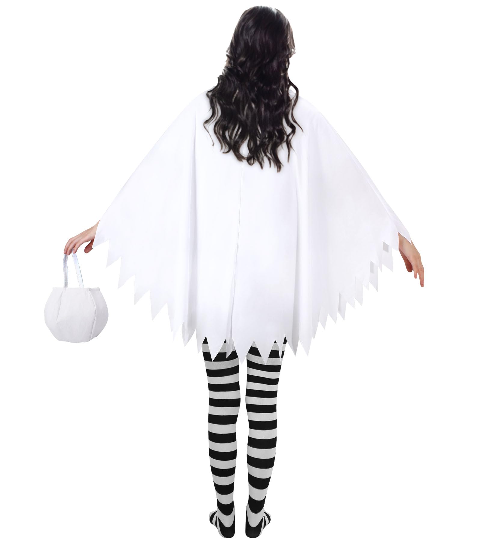 Women’s White Ghost Costume Set – 4-Piece Halloween Poncho, Headband, Tights & Candy Bag 👻🖤