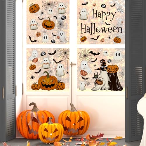 Vintage Halloween Window Clings – 6 Double-Sided PVC Sheets with Ghosts, Pumpkins, Cats & Bats