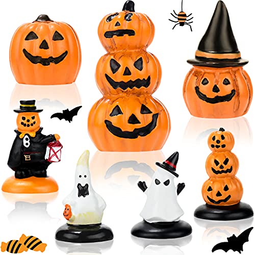 Mini Halloween Pumpkin & Ghost Figurines Set – 7 Resin Garden Ornaments for Table, Cake & DIY Decor