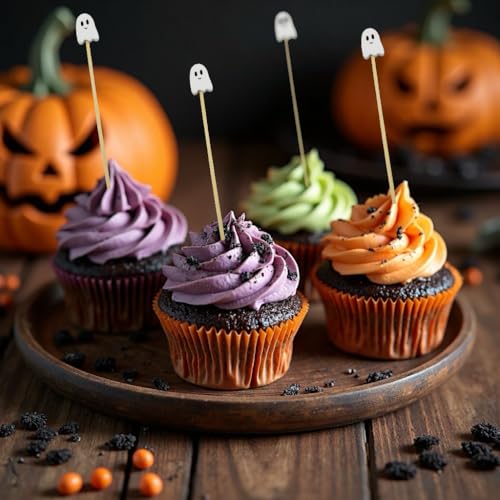 100Pcs Halloween Ghost Cocktail Picks – Pink & White Bamboo Toothpicks for Appetizers, Desserts & Party Snacks (4.92 Inches)