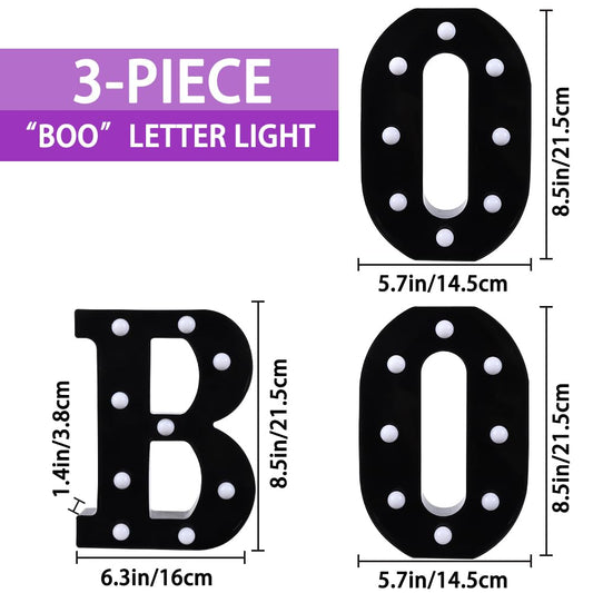 Halloween “BOO” LED Marquee Letters – Black Shell with Purple Glow, 3-Pack Spooky Light-Up Signs for Indoor & Outdoor Décor