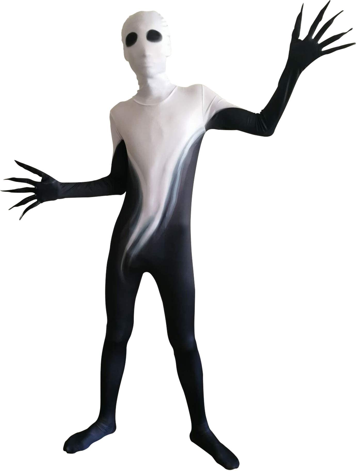 Kids Shadow Demon Halloween Costume – Unisex Black & White Ghost Bodysuit with Hood for Boys & Girls