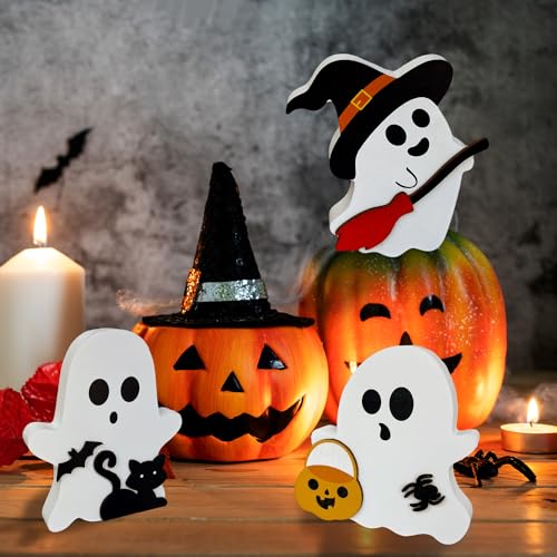 Wooden Ghost Figurines Set – Hand-Painted White Halloween Tabletop Decor for Home, Shelf & Party Display