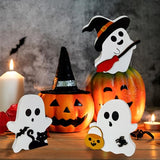 Wooden Ghost Figurines Set – Hand-Painted White Halloween Tabletop Decor for Home, Shelf & Party Display