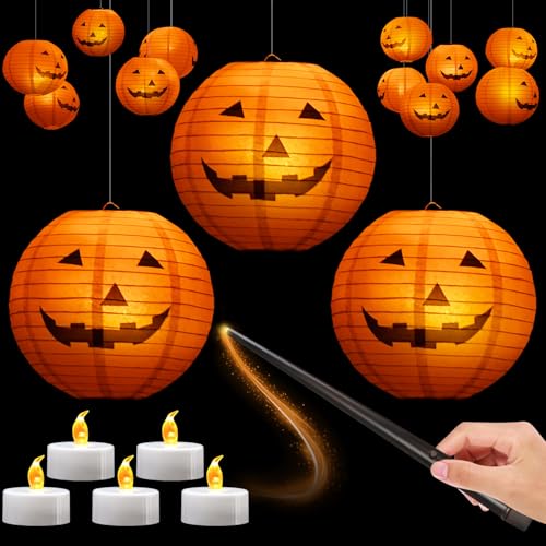 Floating Jack-O’-Lantern Halloween Lights – 12 Paper Pumpkins with 24 LED Tea Lights & Remote Control (Spooky Floating Decor)