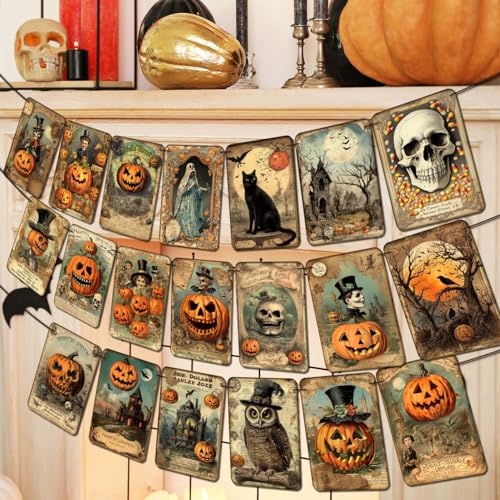 Vintage Halloween Banner – 20-Card Multicolor Garland with Retro Pumpkins, Cats & Skeleton Designs