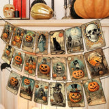 Vintage Halloween Banner – 20-Card Multicolor Garland with Retro Pumpkins, Cats & Skeleton Designs