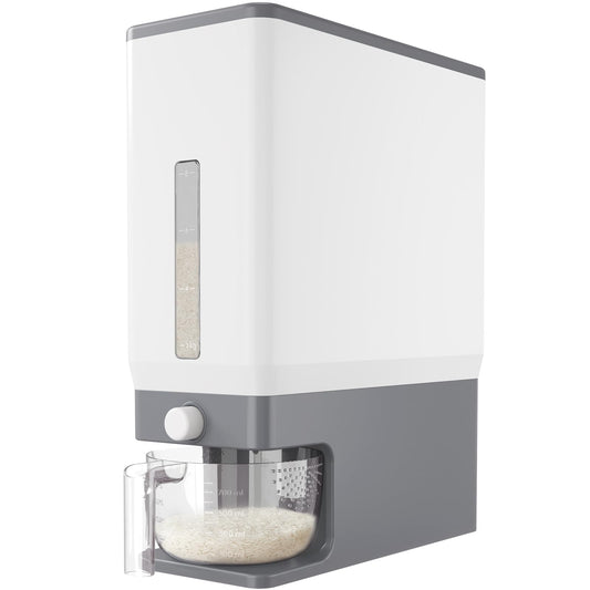 Large Capacity Rice Storage Dispenser – 25.4 lb Airtight Grain Container with Measuring Cup (Light Grey)