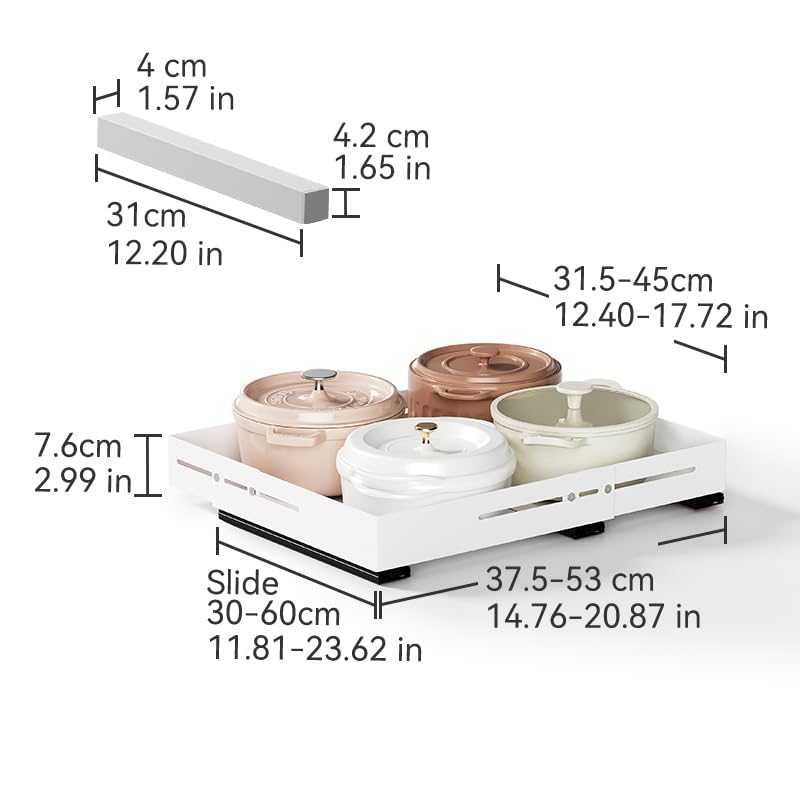 AMZAGE Adjustable Pull-Out Cabinet Organizer with Raised Base – No-Drill Slide-Out Drawer for Framed Cabinets (White)